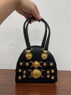 Versace black leather gold tone hardware Mini Tribute Medallion Tote